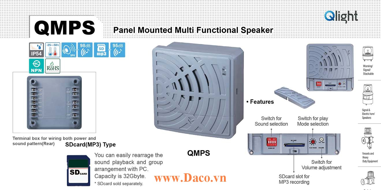 QMPS-12/24 Loa còi báo hiệu Qlight 30 âm gắn tủ điện 30 âm báo 98dB MP3 SD IP54, 12VDC/24VDC