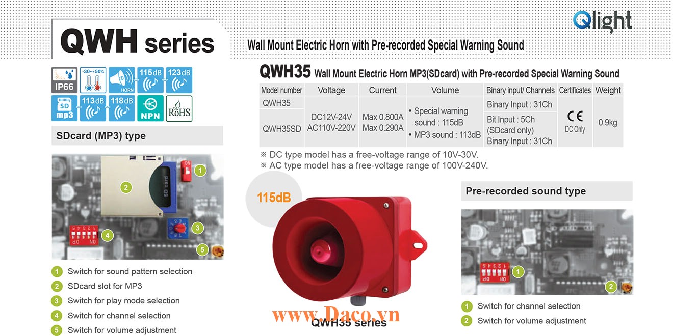 QWH35SD-110/220-LC Loa còi báo hiệu mp3 Qlight 31 âm báo nhạc 113dB IP66, CE, 110VAC/220VAC