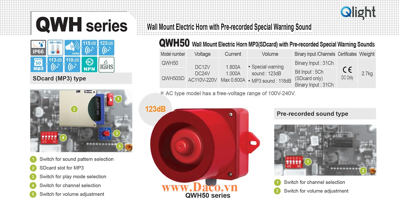 QWH50-12/24-LC Loa còi cảnh báo Qlight 5 âm báo 123dB IP66, CE, 12VDC/24VDC