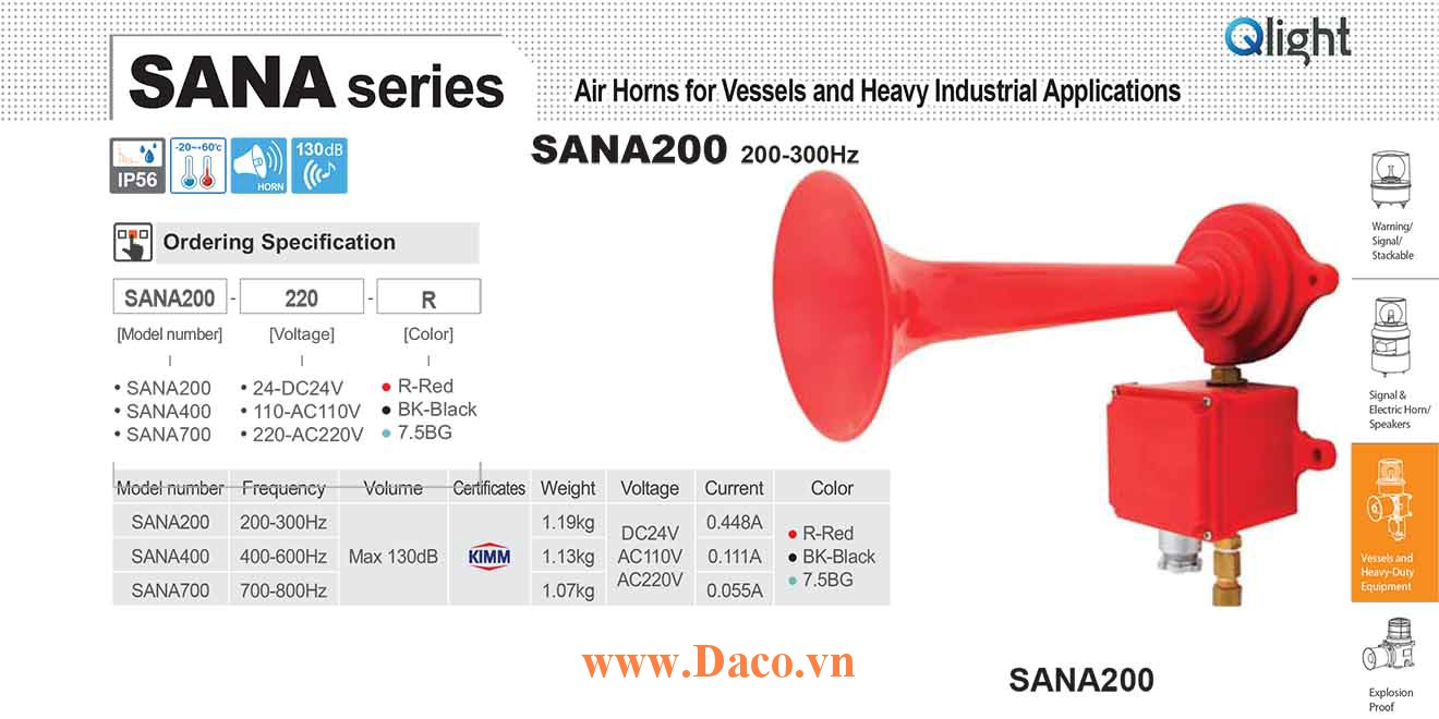 SANA200-110-BK Còi hơi báo động Qlight Còi hơi 200-300Hz, 130dB KIMM, IP56, 110VAC