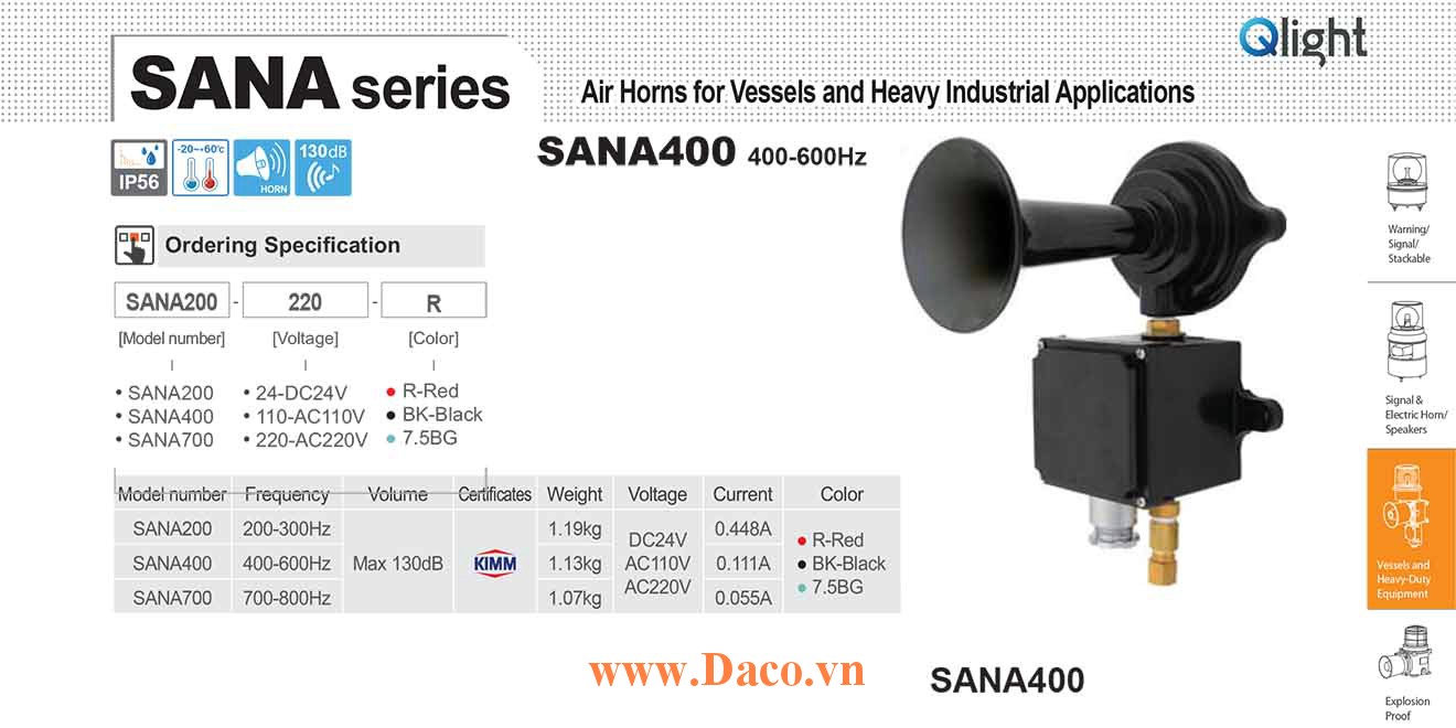 SANA400-220-BK Còi hơi báo động Qlight Còi hơi 400-600Hz, 130dB KIMM, IP56, 220VAC