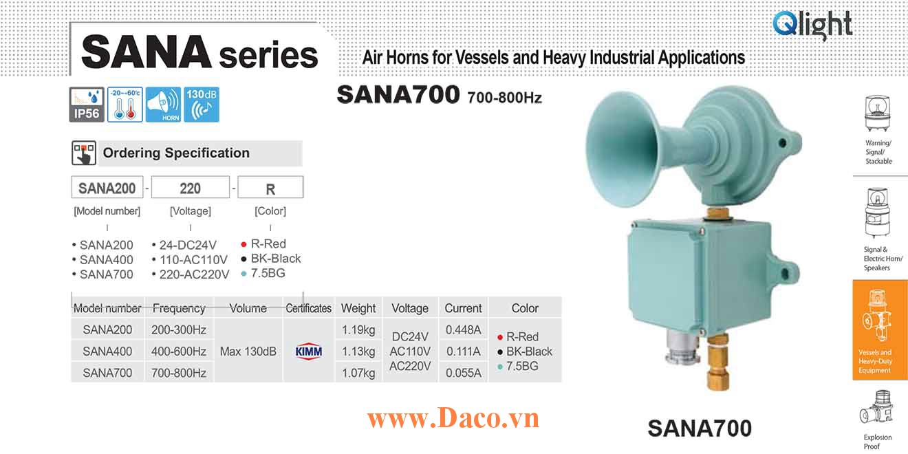 SANA700-24-R Còi hơi báo động Qlight Còi hơi 700-800Hz, 130dB KIMM, IP56, 24VDC