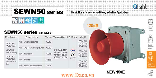 SEWN50E-WP-12-LC Loa còi báo hiệu Qlight 5 âm báo động 120dB IP56-KIM-ABS-CCS, 12VDC