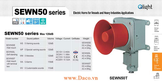 SEWN50T-WP-12-LC Loa còi báo hiệu Qlight 5 âm báo động 120dB IP56-KIM-ABS-CCS, 12VDC