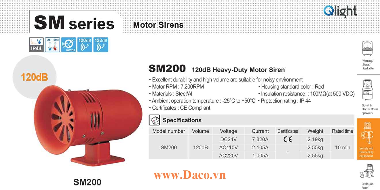 SM200-24 Còi báo động Qlight bằng động cơ Âm báo động bằng động cơ 120dB IP44, 24VDC