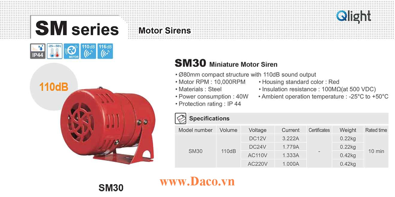 SM30-24 Còi báo động Qlight bằng động cơ Âm báo động bằng động cơ 110dB IP44, 24VDC