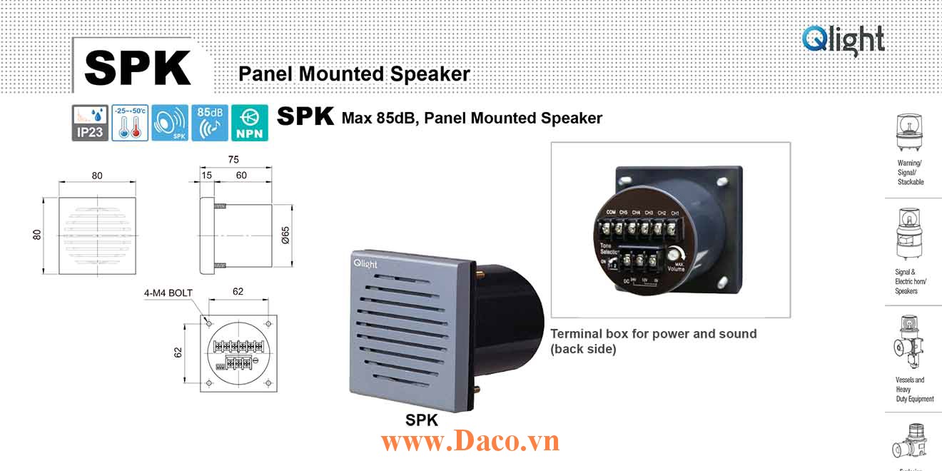 SPK-WM-110 Loa báo hiệu Qlight gắn tử điện 5 âm báo nhạc 85dB IP23, 110VAC