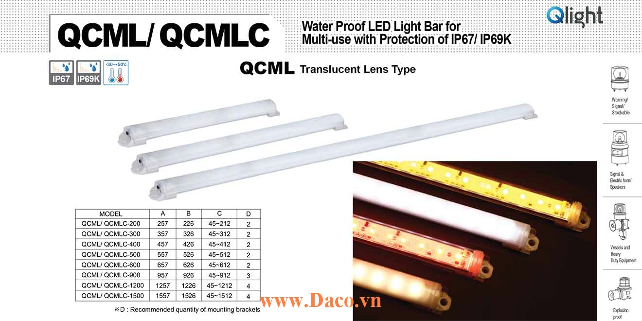 QCMLC-600 Đèn LED chống nước Qlight Bóng LED Dài 600 mm IP67/IP69K