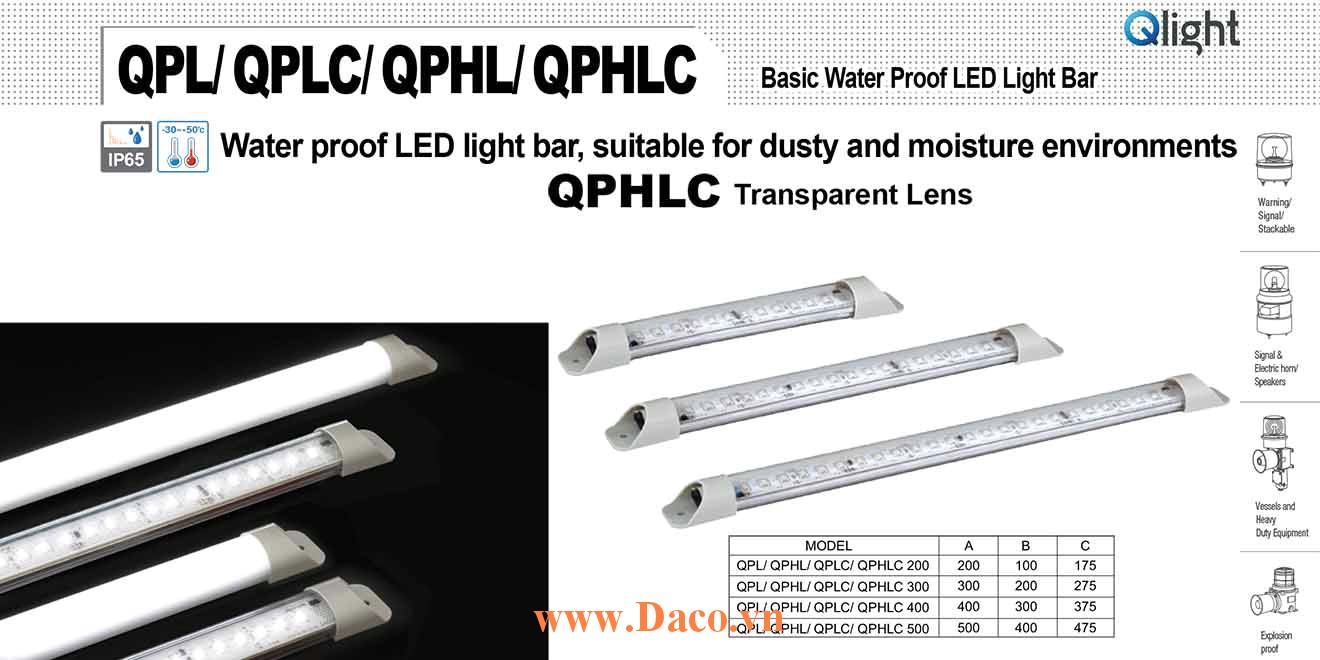 QPHLC-200 Đèn LED chống nước Qlight Bóng LED Dài 200 mm IP65