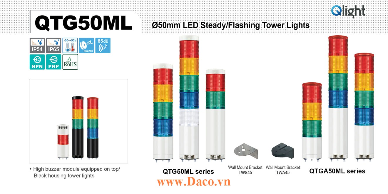 QTG50MLF-3-24-RAG Đèn tháp tín hiệu Qlight Φ50 Bóng LED 3 Màu IP65