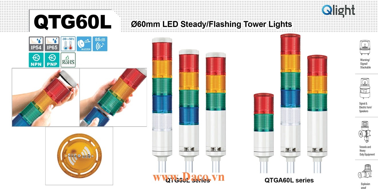 QTG60LF-BZ-1-12-R Đèn tháp cảnh báo Qlight Φ60 Bóng LED 1 Màu Còi Buzzer 85dB IP54