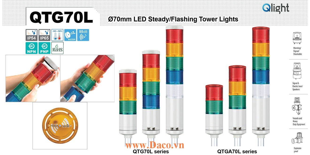 QTG70L-BZ-4-12-RAGB-QZ24 Đèn tháp báo hiệu Qlight Φ70 Bóng LED 4 Màu Còi Buzzer 85dB IP54