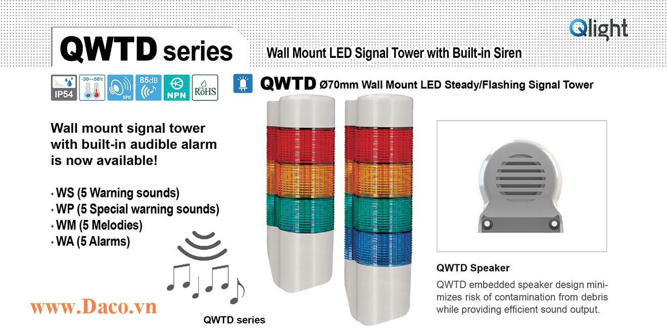 QWTDL-WA-3-110-RAG Đèn tháp gắn tường Qlight Φ70 Bóng LED 3 Màu 5 âm cảnh báo 85dB IP54