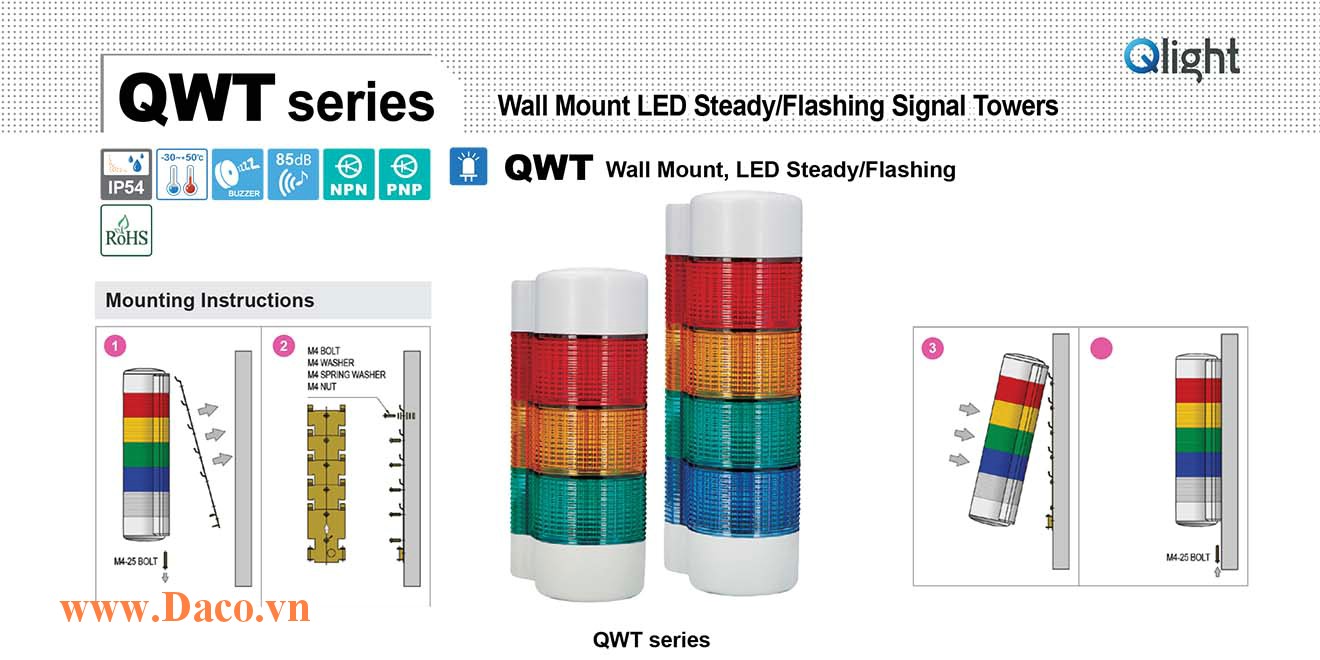 QWTLF-5-12-RAGBW Đèn tháp gắn tường Qlight Φ70 Bóng LED 5 Màu  IP54