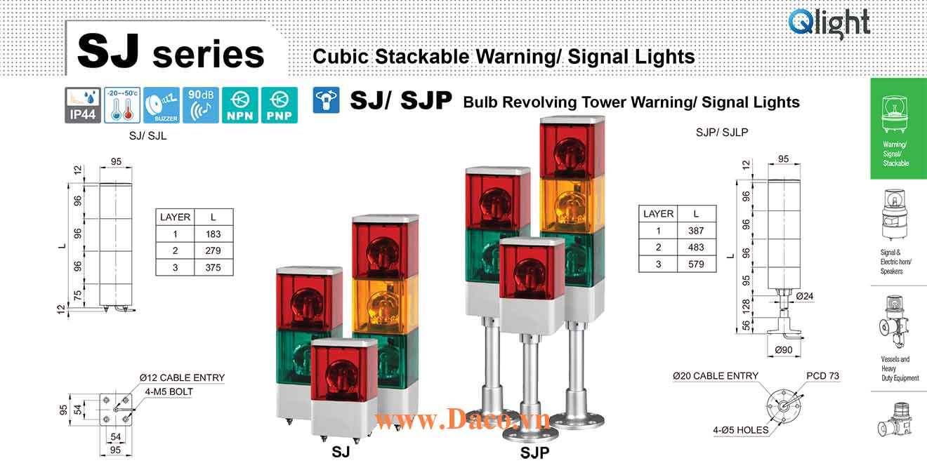 SJP-BZ-3-220-RAG Đèn tháp vuông quay Qlight 3 tầng Vuông 95mm Bóng Sợi đốt 220VAC IP44