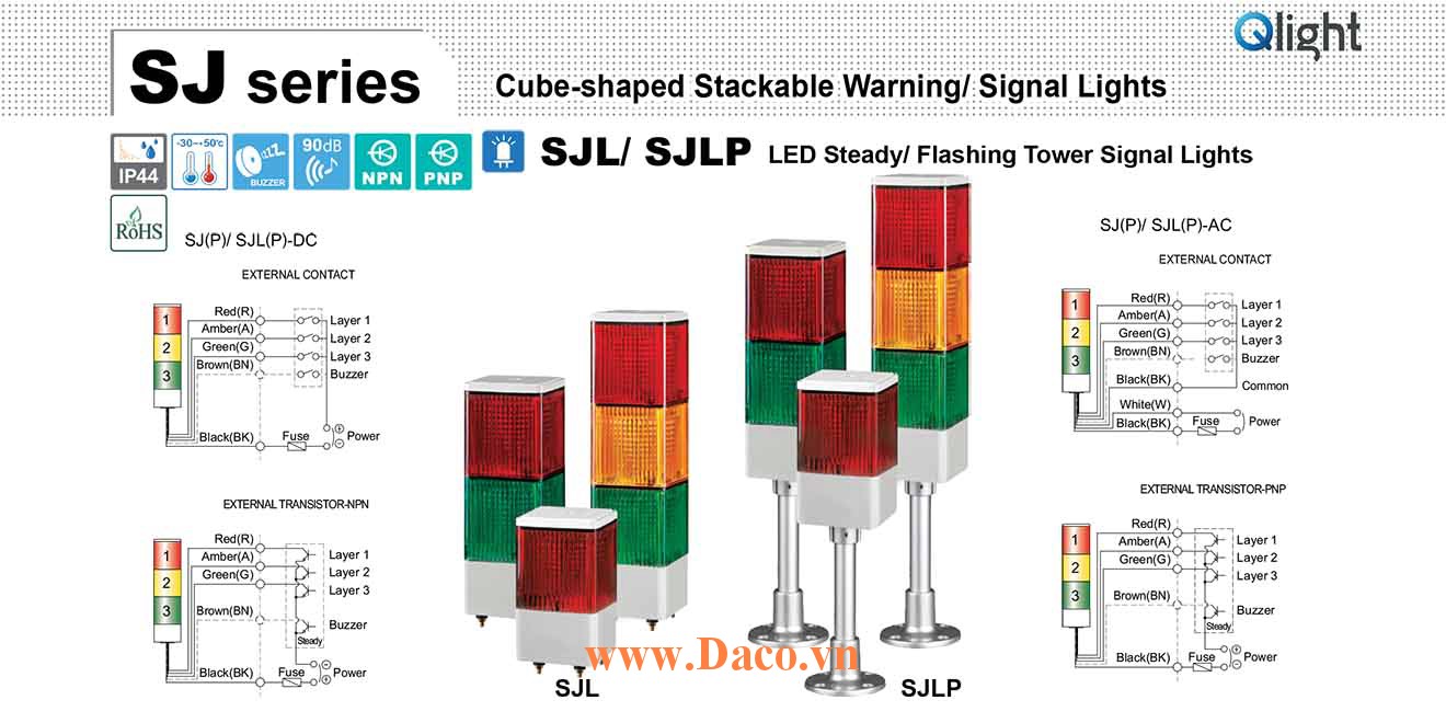 SJLP-2-110-RG Đèn tháp vuông nhấp nháy Qlight 2 tầng Vuông 95mm LED 110VAC IP44
