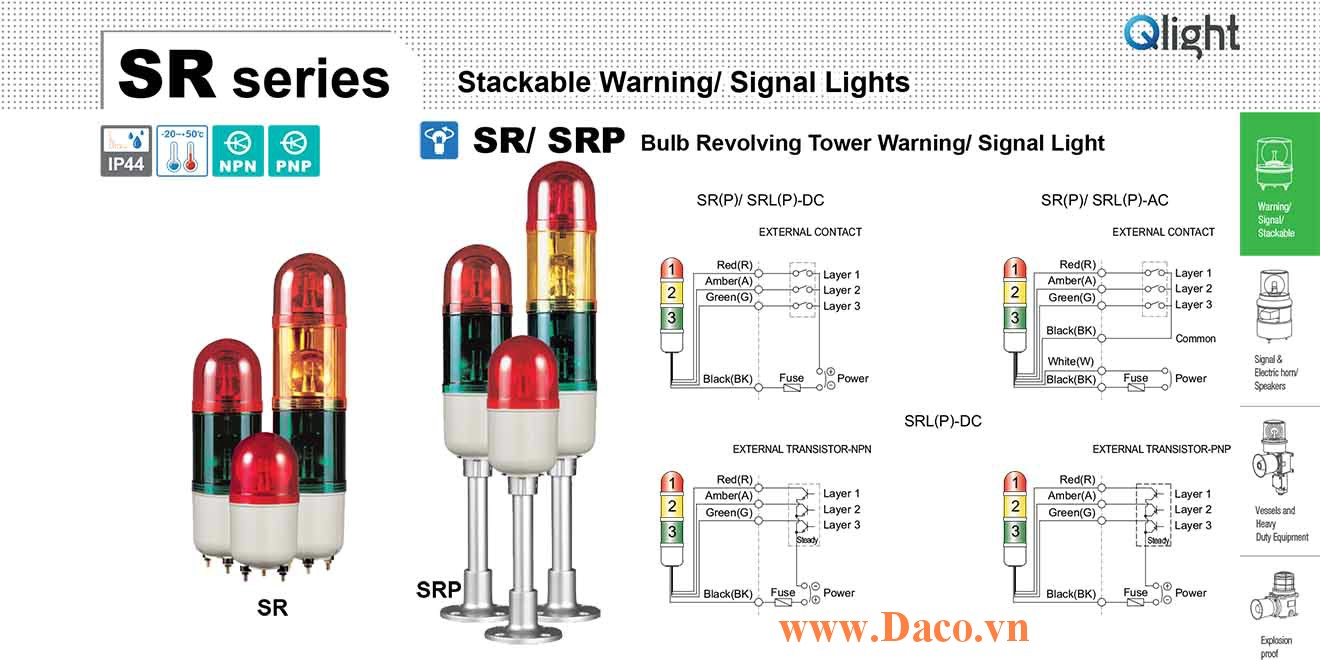 SRP-1-24-R Đèn tháp trụ tròn quay Qlight 1 tầng Tròn Φ83 Bóng Sợi đốt 24VDC IP44