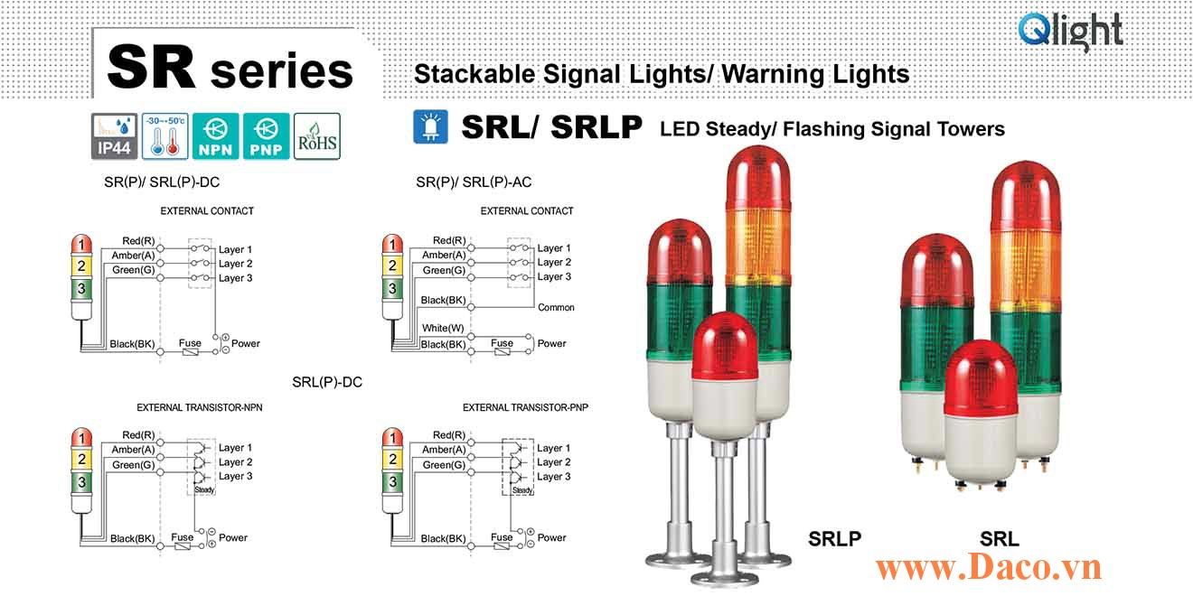 SRL-BZ-1-12-R Đèn tháp tròn nhấp nháy Qlight 1 tầng Tròn Φ83 LED 12VDC IP44