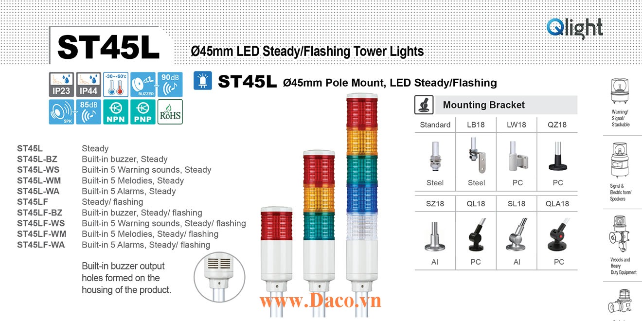 ST45L-BZ-3-220-RAG Đèn tháp Qlight Φ45 Bóng LED 3 tầng Còi Buzzer 90dB IP23