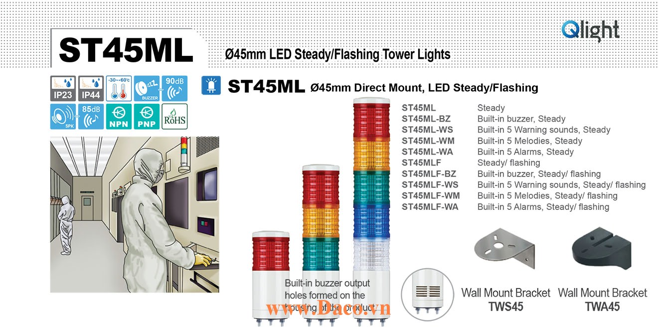 ST45ML-BZ-5-220-RAGBW Đèn tháp Qlight Φ45 Bóng LED 5 tầng Còi Buzzer 90dB IP23