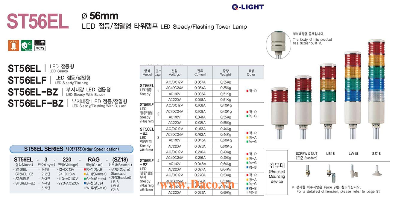 ST56ELF-BZ-5-220-RAGBW Đèn tháp Qlight Φ56 Bóng LED 5 tầng Còi Buzzer 90dB IP23