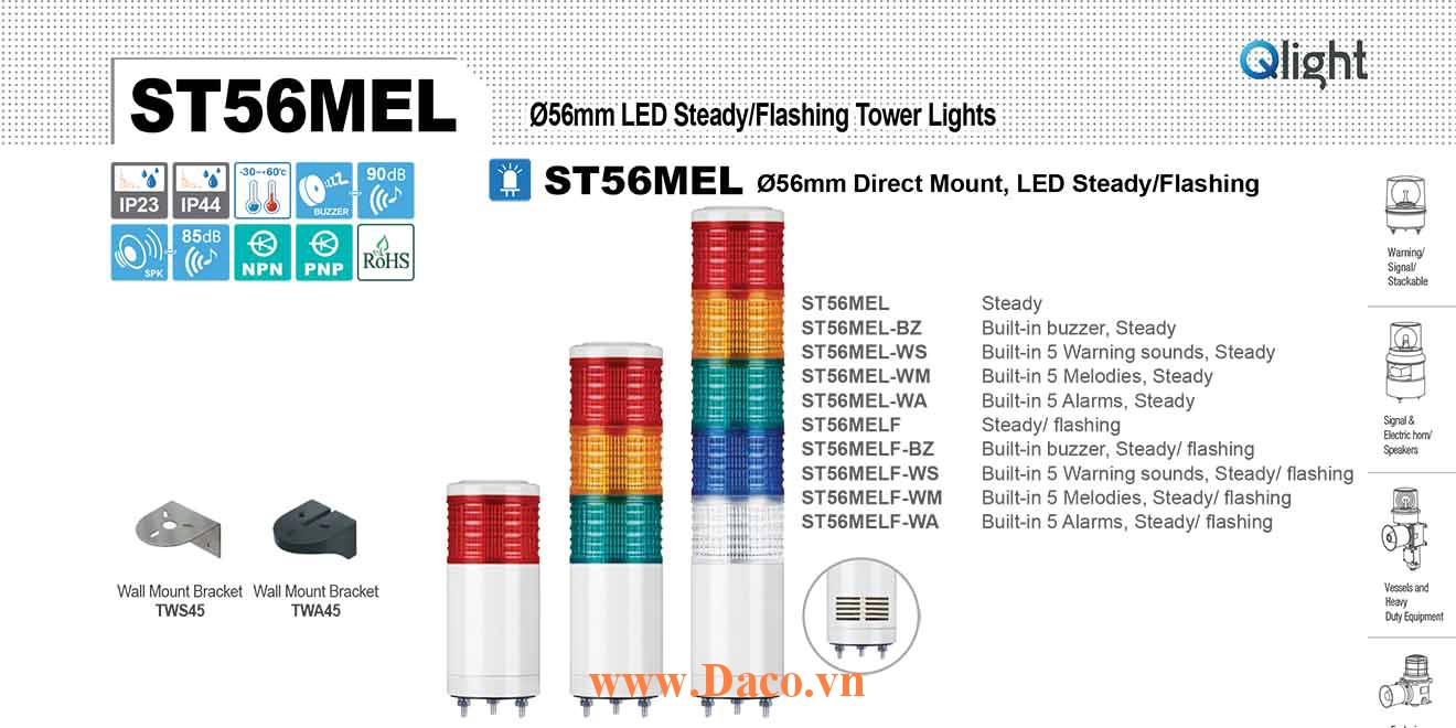 ST56MELF-BZ-3-24-RAG Đèn tháp Qlight Φ56 Bóng LED 3 tầng Còi Buzzer 90dB IP23