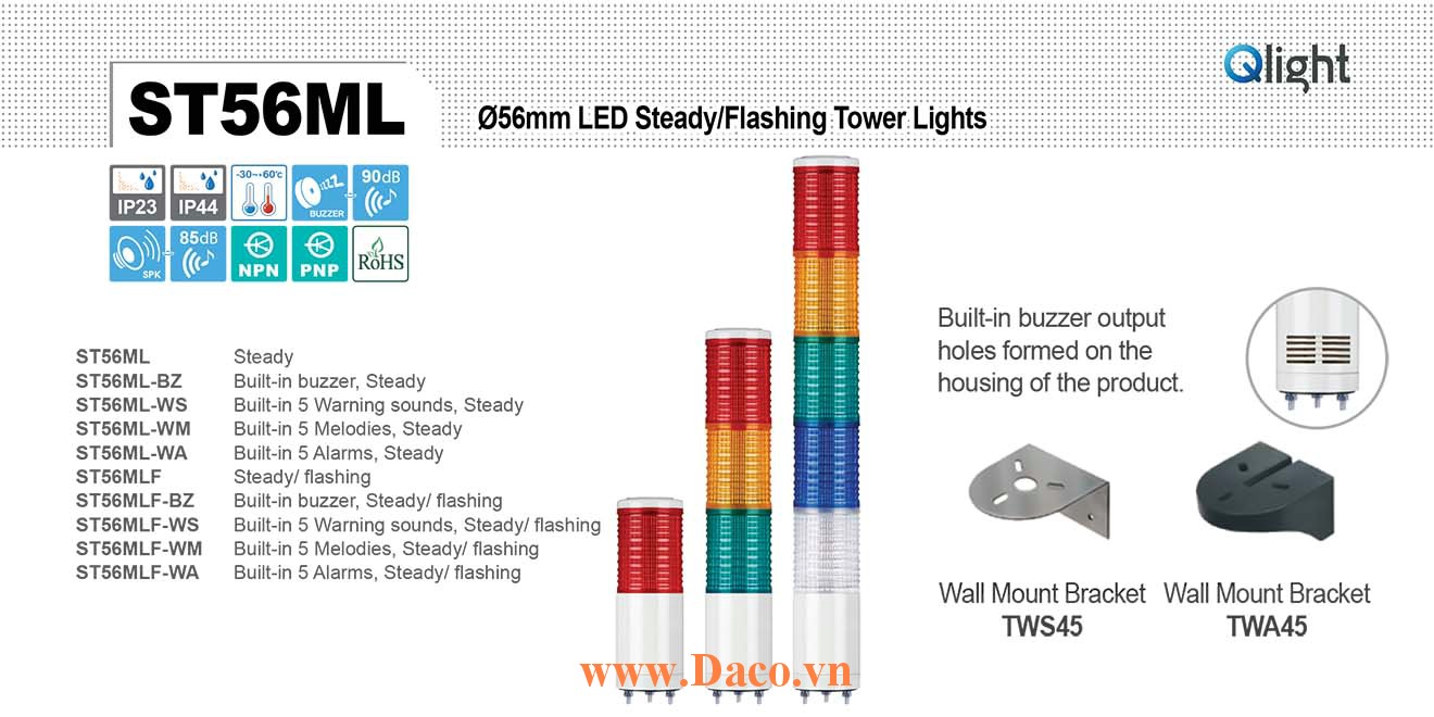 ST56ML-2-24-RG Đèn tháp Qlight Φ56 Bóng LED 2 tầng IP44