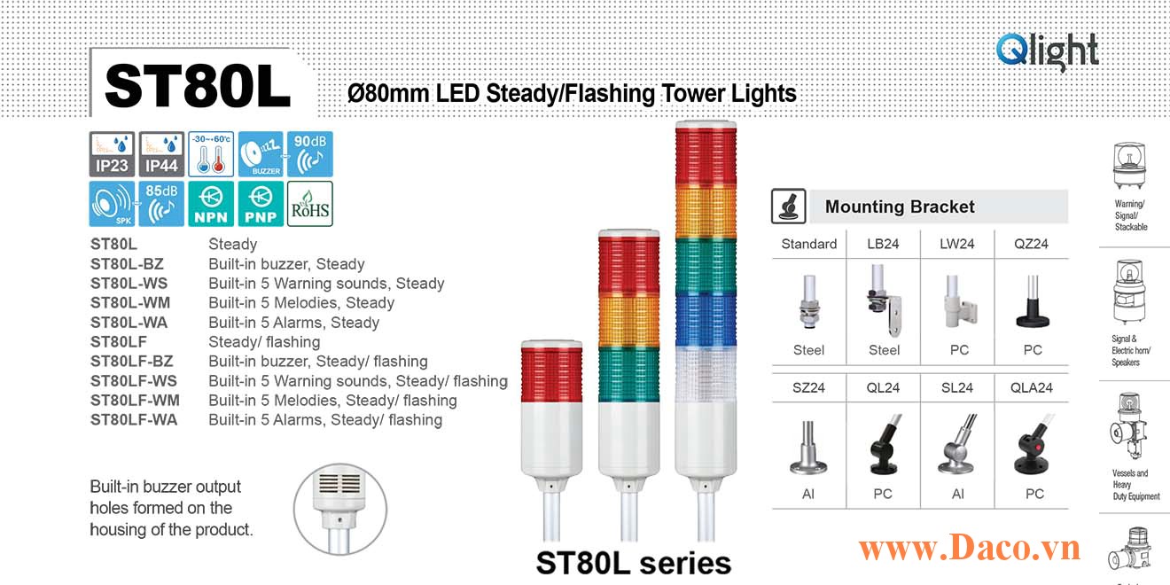 ST80LF-BZ-3-220-RAG Đèn tháp Qlight Φ80 Bóng LED 3 tầng Còi Buzzer 90dB IP23