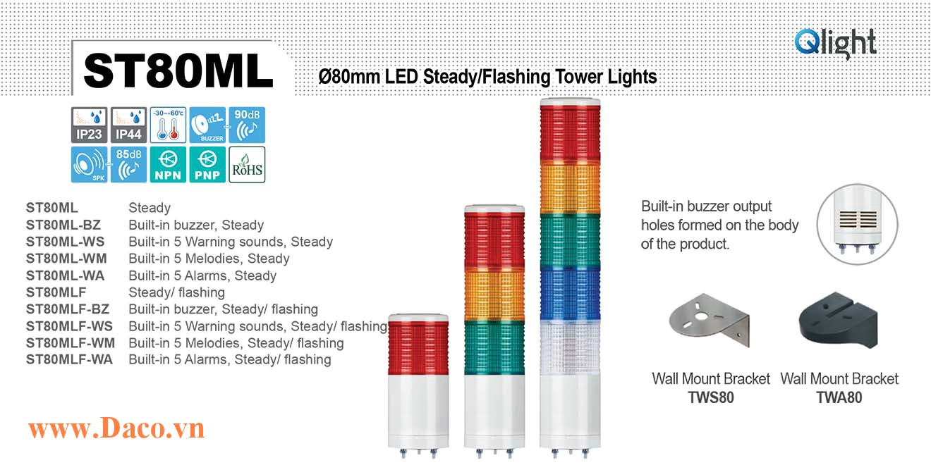 ST80MLF-4-24-RAGB Đèn tháp báo hiệu Qlight Φ80 Bóng LED 4 tầng IP44