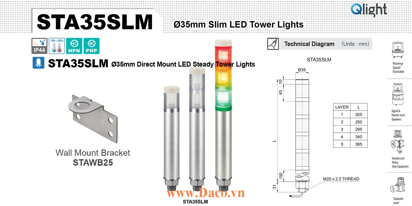 STA35SLM-3-110-RAG Đèn tầng báo tín hiệu Qlight Φ35 Bóng LED 3 tầng IP44