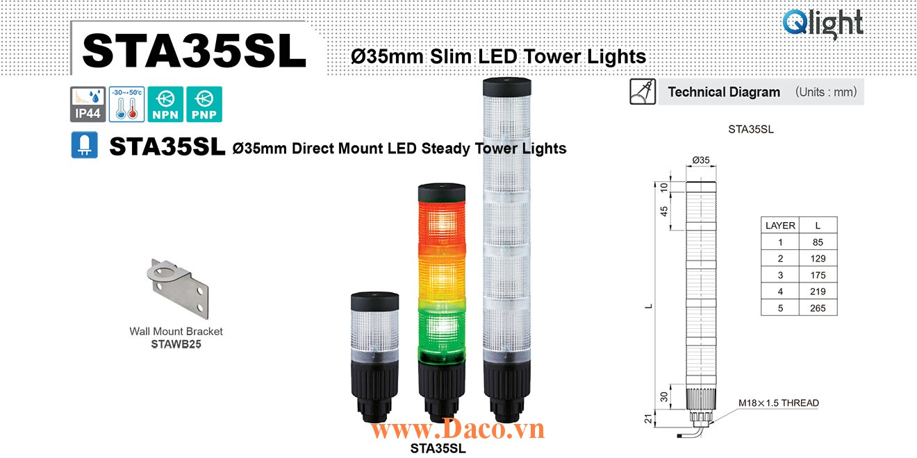 STA35SL-4-220-RAGW Đèn tháp cảnh báo Qlight Φ35 Bóng LED 4 tầng IP44