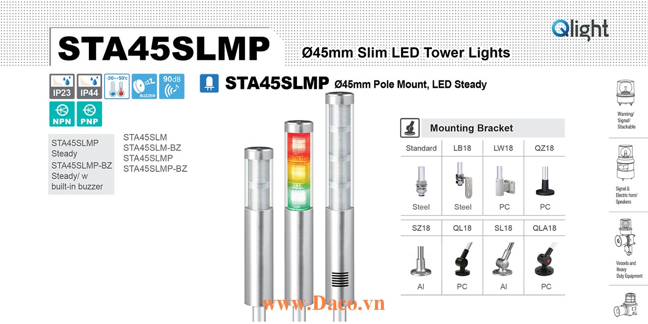 STA45SLMP-5-24-RAGBW Đèn tháp tín hiệu Qlight Φ45 Bóng LED 5 tầng IP44