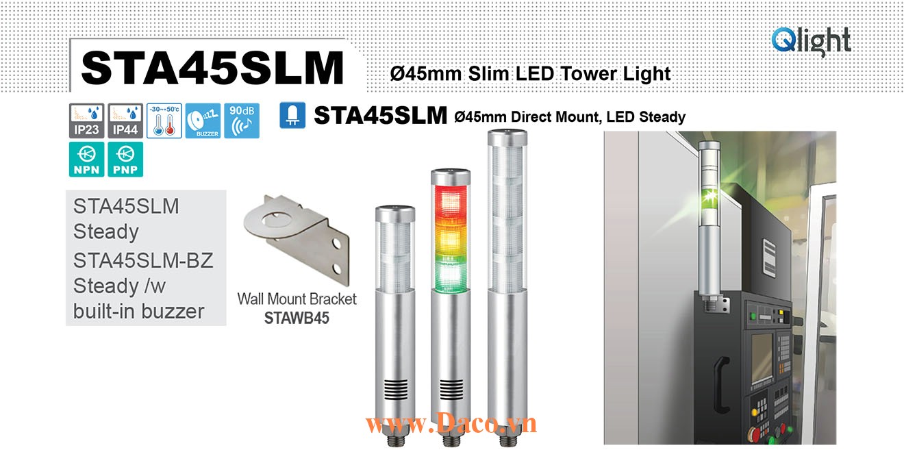 STA45SLM-BZ-1-24-R Đèn tháp Qlight Φ45 Bóng LED 1 tầng Còi Buzzer 90dB IP23