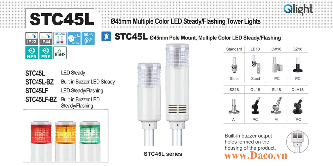 STC45L-2-110-RG Đèn tháp báo hiệu Qlight Φ45 Bóng LED 2 Màu IP44