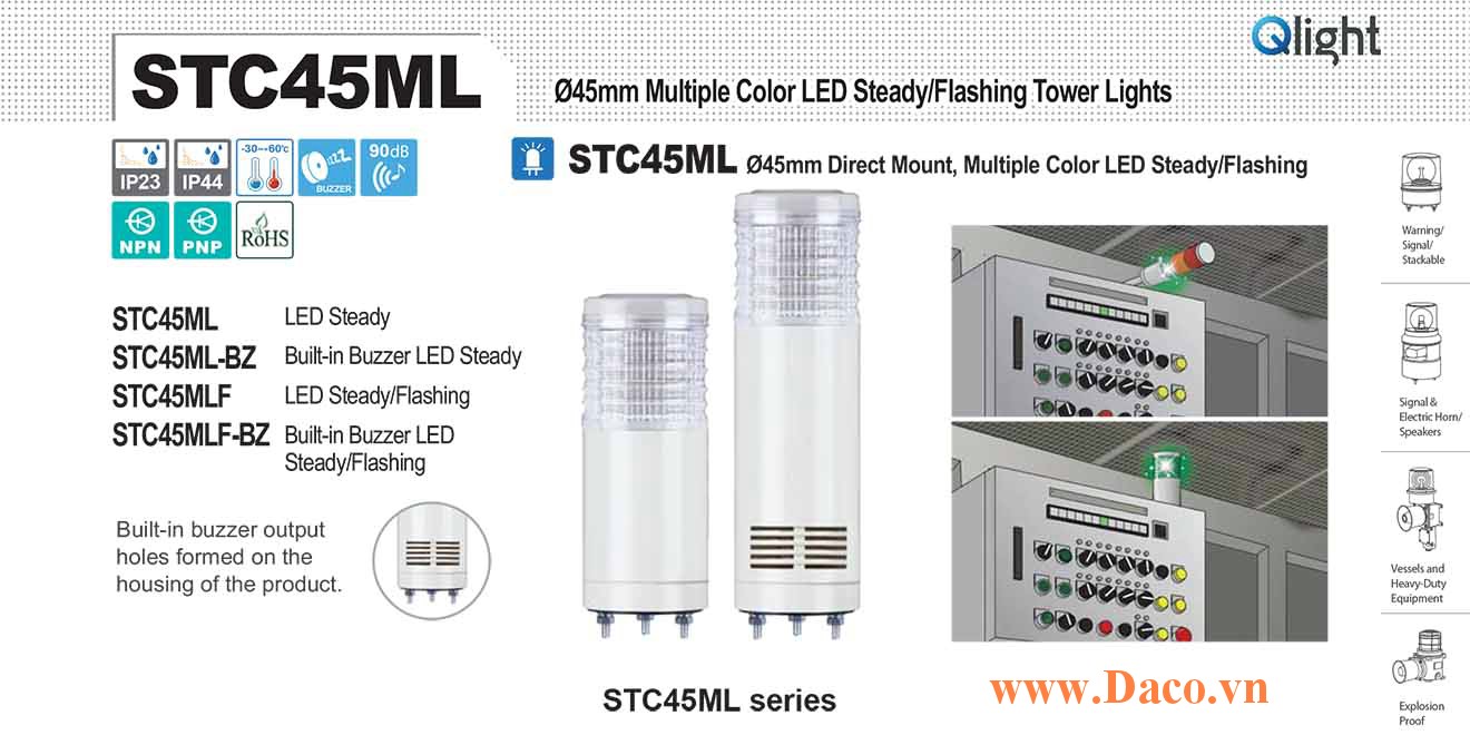 STC45MLF-BZ-3-110-RAG Đèn báo hiệu tháp Qlight Φ45 Bóng LED 3 Màu Còi Buzzer 90dB IP23