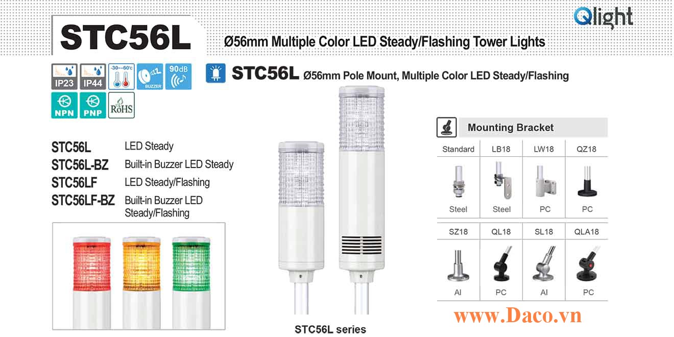 STC56LF-BZ-3-12-RAG Đèn báo hiệu tháp Qlight Φ56 Bóng LED 3 Màu Còi Buzzer 90dB IP23