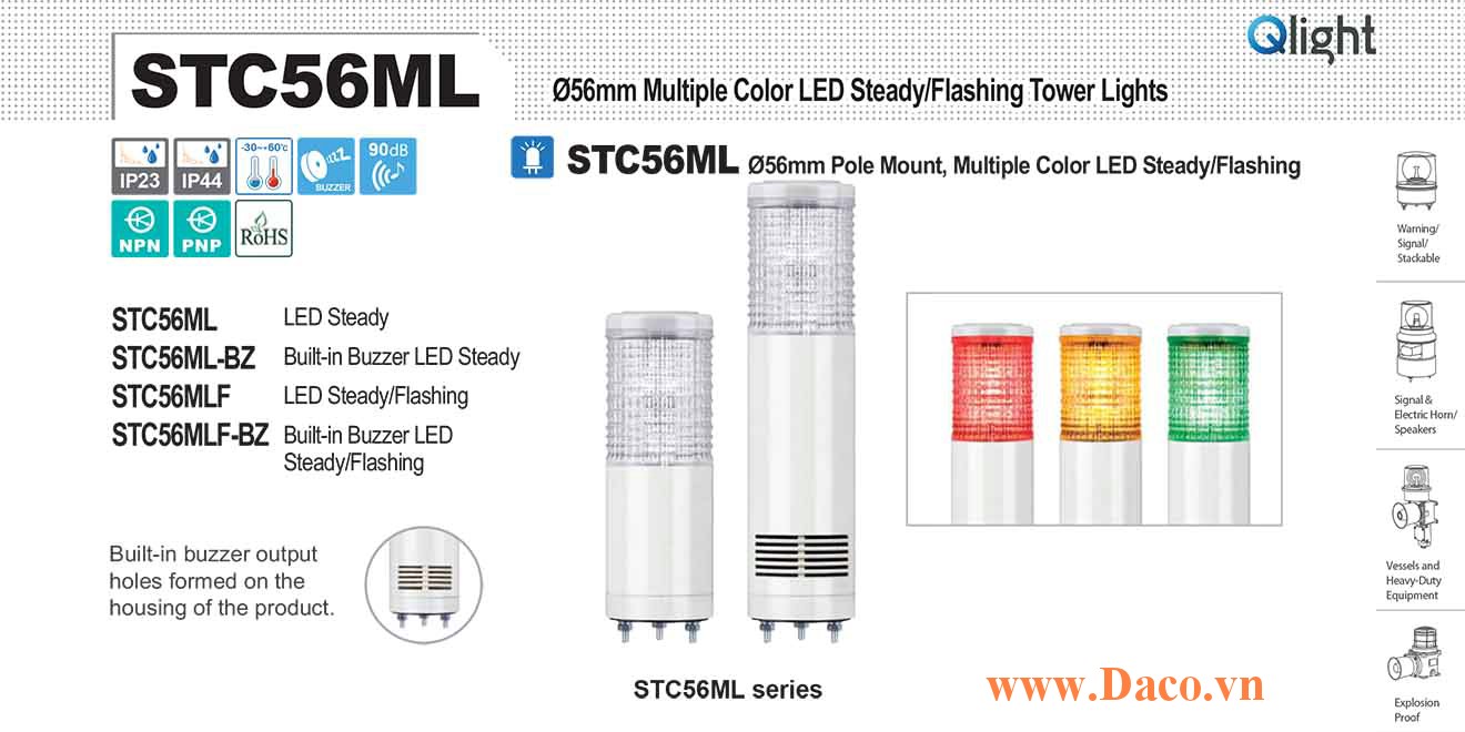 STC56MLF-2-12-RG Đèn tháp đa màu báo hiệu Qlight Φ56 Bóng LED 2 Màu IP44