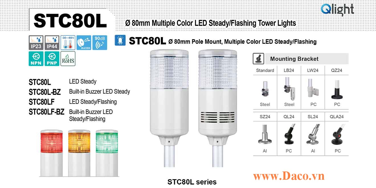 STC80L-2-24-RG Đèn tháp đa màu cảnh báo Qlight Φ80 Bóng LED 2 Màu IP44
