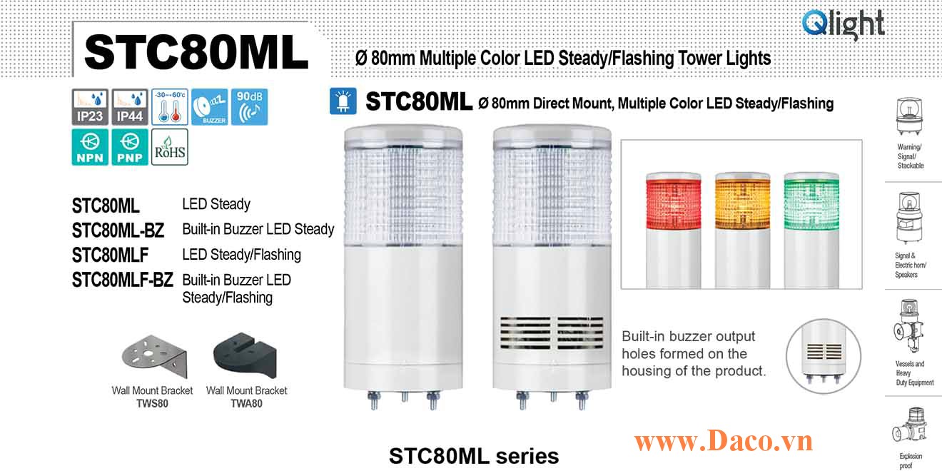 STC80ML-BZ-3-24-RAG Đèn báo hiệu tháp Qlight Φ80 Bóng LED 3 Màu Còi Buzzer 90dB IP23