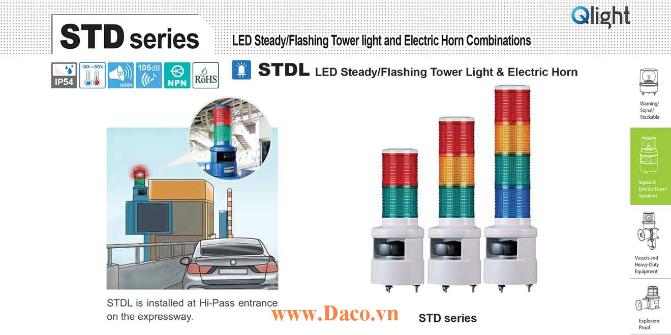 STDLF-WS-2-24-RG Đèn tháp có loa Qlight Φ80 Bóng LED 2 tầng Còi 5 âm báo động 105dB IP54