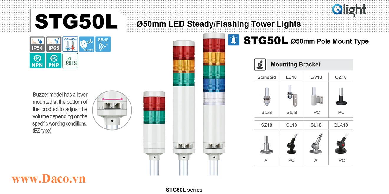 STG50LF-BZ-4-12-RAGB Đèn tháp tín hiệu Qlight Φ50 Bóng LED 4 tầng Còi Buzzer 85dB IP54