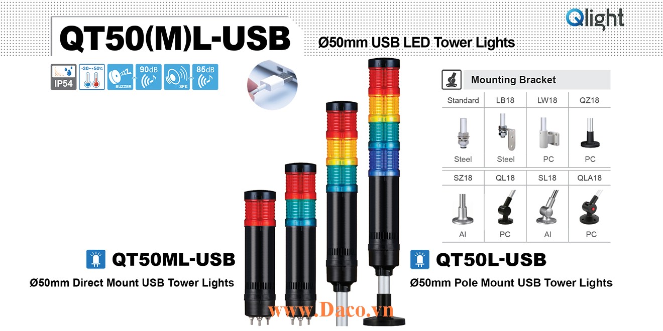 QT50L-USB-BZ-3-RAG Đèn tháp USB Qlight Φ50 Bóng LED 3 tầng Còi 5 âm Buzzer 90dB IP54