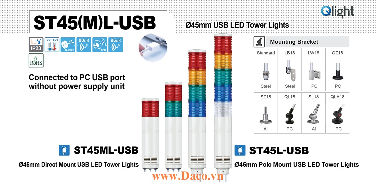 ST45L-USB-BZ-2-RG Đèn tháp USB Qlight Φ45 Bóng LED 2 tầng Còi 5 âm Buzzer 90dB IP23