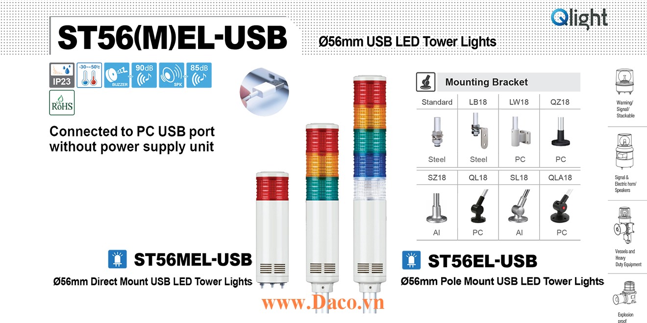 ST56EL-USB-WM-4-RAGB-QZ18 Đèn tháp USB Qlight Φ56 Bóng LED 4 tầng Còi 5 âm báo 85dB IP23