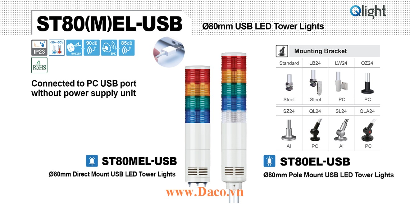 ST80EL-USB-BZ-5-RAGBW Đèn tháp USB Qlight Φ80 Bóng LED 5 tầng Còi 5 âm Buzzer 90dB IP23