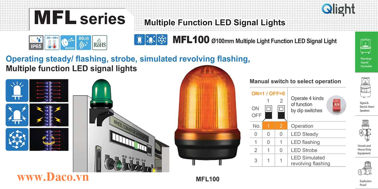 MFL100-12/24-A Đèn báo hiệu đa chức năng Qlight Φ100 Bóng LED 10VDC~30VDC IP65