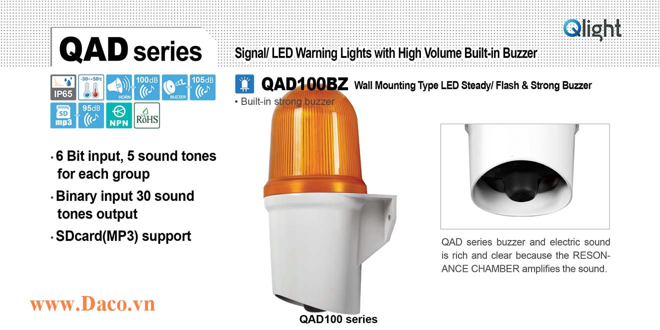 QAD100BZ-12-R Đèn báo hiệu Qlight gắn tường Còi Buzzer 105dB IP65, 12VDC