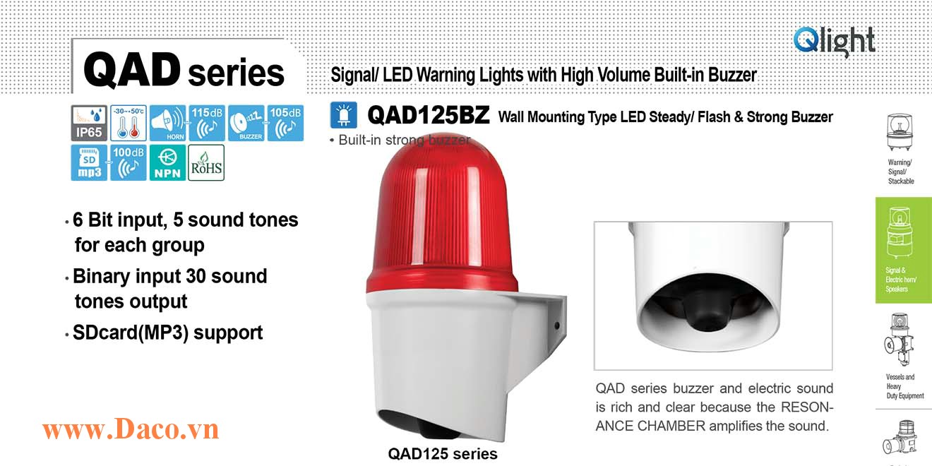 QAD125BZ-110/220-G Đèn báo hiệu Qlight gắn tường Còi Buzzer 105dB IP65, 110VAC/220VAC