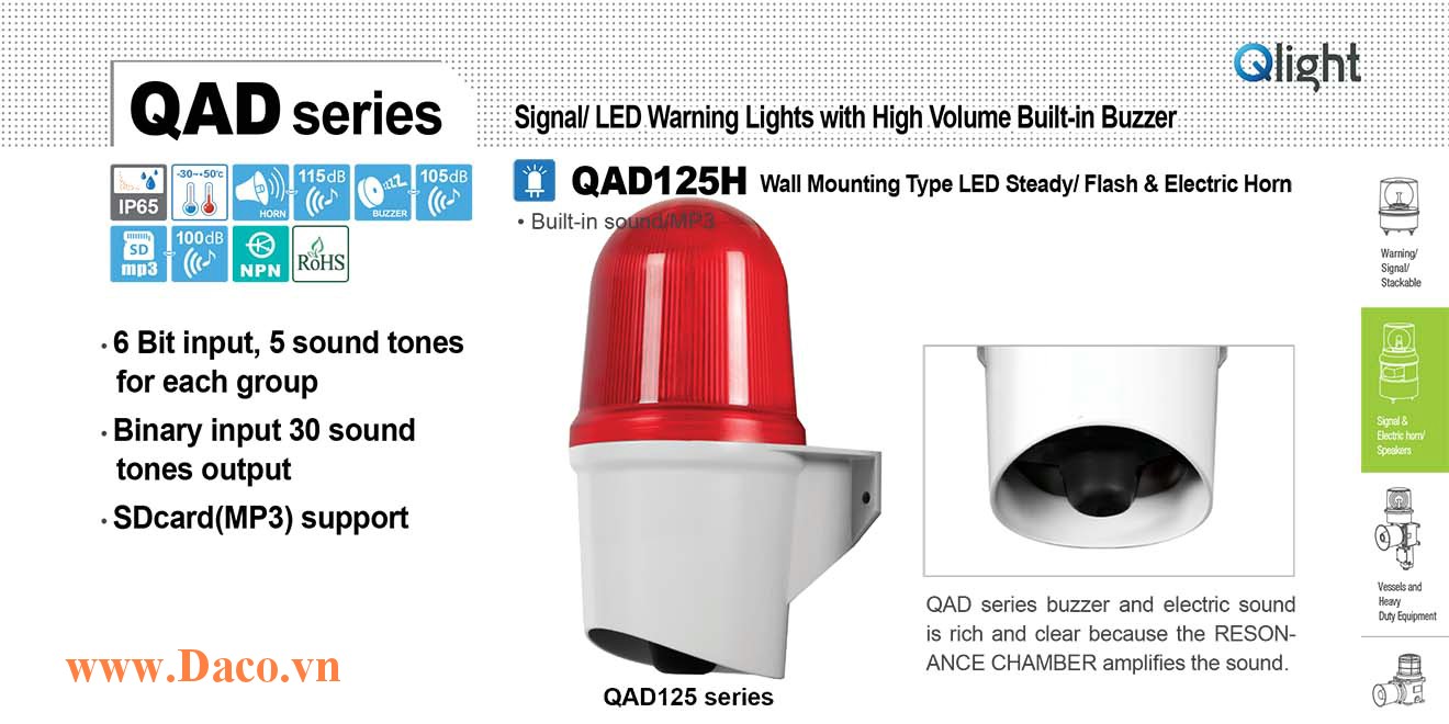 QAD125H-110/220-R Đèn báo hiệu Qlight gắn tường 30 âm báo 100dB ghi sẵn/SD Card MP3 IP65, 110VAC/220VAC