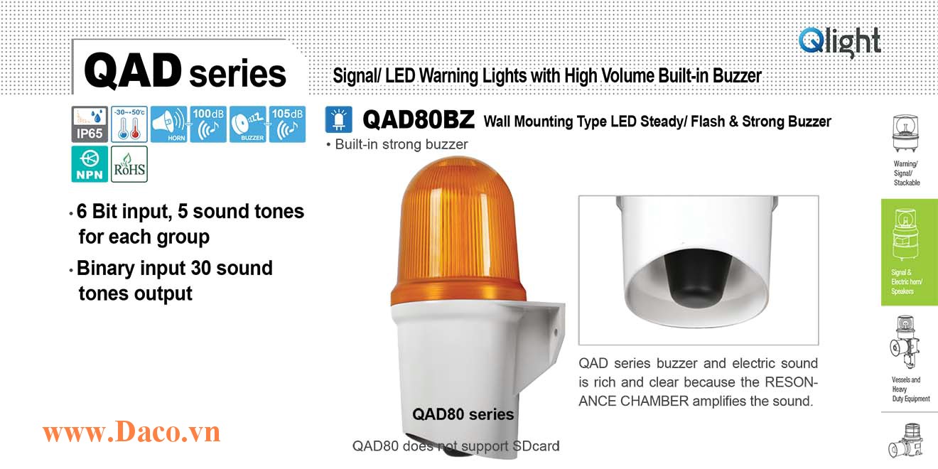 QAD80BZ-24-A Đèn báo hiệu Qlight gắn tường Còi Buzzer 105dB IP65, 24VDC